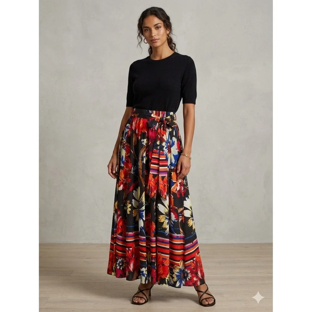 Truly 4 You Floral Maxi Skirt Black Red Tropical Print Tie Waist Size M